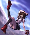  1girl arm_over_head ass belt black_legwear black_skirt blue_sky book breasts brown_hair clouds collared_shirt floating geta hat holding holding_book kneehighs leg_up looking_at_viewer messy_hair miata_(pixiv) mountain necktie no_panties open_mouth pen pointy_ears red_eyes red_shoes shameimaru_aya shirt shoes short_sleeves skirt sky smile solo tengu-geta thighs tokin_hat touhou white_shirt 