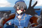  1girl ascot beret black_gloves black_hair breasts gloves hat kantai_collection large_breasts machinery nishi_koutarou open_mouth red_eyes short_hair solo takao_(kantai_collection) upper_body water 