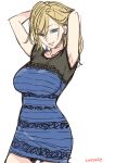  1girl arms_behind_head arms_up blonde_hair blue_dress blue_eyes breasts commentary dated dress hair_tousle large_breasts long_hair meme original sketch smile solo sumeragi_kohaku the_dress_(meme) white_dress 