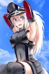  1girl :d armpits arms_behind_head arms_up bismarck_(kantai_collection) blonde_hair blue_eyes blue_sky breasts detached_sleeves fujibejifu hat long_hair military military_uniform open_mouth peaked_cap sideboob sky smile solo sparkle thigh-highs uniform zettai_ryouiki 