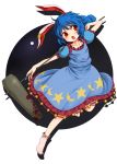  1girl animal_ears blood blue_dress blue_hair circle circle_cut collarbone dress ear_clip full_body full_moon harusame_(unmei_no_ikasumi) highres kine looking_to_the_side mallet moon night open_mouth puffy_short_sleeves puffy_sleeves rabbit_ears red_eyes seiran_(touhou) shadow short_hair short_sleeves simple_background skirt solo tears touhou weapon white_background 