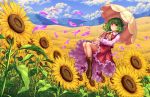  1girl ascot boots cherry_blossoms clouds cloudy_sky cross-laced_footwear floating flower green_hair kazami_yuuka long_sleeves plaid plaid_skirt plaid_vest redhead short_hair skirt sky smile solo sunflower teiraa touhou umbrella 