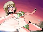  1girl :d armpits bikini blonde_hair blush breasts cute dutch_angle koizumi_hanayo large_breasts looking_at_viewer love_live!_school_idol_project navel open_mouth outstretched_arms sexy smile solo teeth thighs tsuki_wani violet_eyes 