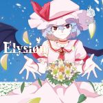 1girl album_cover bat_wings cover dress flower looking_at_viewer mob_cap petals red_eyes remilia_scarlet ribbon slit_pupils touhou white_dress wings 