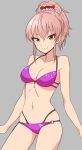  1girl bikini breasts cleavage grey_background idolmaster idolmaster_cinderella_girls jougasaki_mika keikesu looking_at_viewer navel pink_hair ponytail purple_bikini simple_background smile solo swimsuit yellow_eyes 