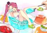  1girl bare_shoulders bloomers blush breasts cleavage dessert food food_as_clothes gelatin green_eyes in_food legs long_hair minigirl miyoshino open_mouth original out_of_frame purple_hair sandals spoon twintails underwear 