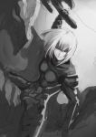  1girl armor axe belka_(fire_emblem_if) fire_emblem fire_emblem_if greyscale headband holding holding_axe holding_weapon monochrome riding sasebono_mari short_hair sketch solo weapon wyvern 