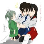  /\/\/\ 3girls =_= akagi_(kantai_collection) brown_hair delusion_empire dressing green_hair hug hug_from_behind japanese_clothes kaga_(kantai_collection) kantai_collection long_hair multiple_girls pursed_lips side_ponytail translation_request twintails yellow_eyes younger zuikaku_(kantai_collection) 