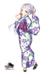  1girl blue_eyes candy_apple character_request floral_print grand_harem japanese_clothes kimono obi pokachu sash shoes silver_hair simple_background solo tongue tongue_out white_background yukata 