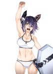  1girl arm_up armpits bikini breasts cleavage eyepatch headgear highres kantai_collection kickboard looking_at_viewer ohara_hiroki open_mouth purple_hair short_hair solo swimsuit tenryuu_(kantai_collection) yellow_eyes 