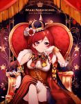  bow cape character_name copyright_name crossed_legs crown facial_mark flower fur_cape garters gloves head_rest heart ichinose_yukino looking_at_viewer love_live!_school_idol_festival love_live!_school_idol_project nishikino_maki red_rose redhead rose single_thighhigh sitting smile striped striped_legwear thigh-highs throne vertical-striped_legwear vertical_stripes violet_eyes white_gloves 