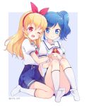  2girls ;d aikatsu! blonde_hair blue_eyes blue_hair blue_skirt hairband highres hoshimiya_ichigo kiriya_aoi long_hair multiple_girls one_eye_closed open_mouth pink_eyes reta_(honoka1230zero) school_uniform side_ponytail skirt smile socks twitter_username 