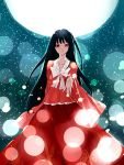  1girl backlighting bangs black_hair blunt_bangs bow bowtie expressionless highres houraisan_kaguya long_hair long_skirt looking_at_viewer moonlight outstretched_hand red_eyes red_skirt skirt solo touhou very_long_hair white_bow wide_sleeves yoriko 