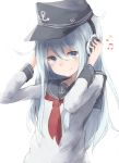  1girl anchor_symbol blue_eyes blush hands_on_headphones hat headphones hibiki_(kantai_collection) kantai_collection long_hair long_sleeves musical_note roll_okashi sailor_hat school_uniform serafuku silver_hair simple_background smile solo white_background 