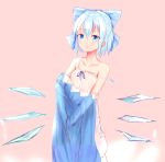 1girl :o bangs blue_bow blue_dress blue_eyes blue_hair bow camisole cirno collarbone cowboy_shot dress hair_between_eyes hair_bow half_updo highres homo_1121 large_bow looking_away pink_background shiny shiny_hair short_hair simple_background sketch solo standing strap_slip tareme touhou undershirt undressing wet wet_clothes wings 
