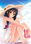  1girl bare_shoulders barefoot black_hair blush braid brown_eyes dress flower hat hat_flower hisama_kumako holding holding_shoes legs long_hair original sandals shoes shoes_removed sitting sky solo twin_braids 