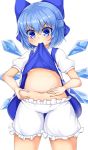  1girl belly_grab blue_eyes blue_hair blush bow cirno dress hair_bow highres ice ice_wings mouth_hold navel plump short_hair solo tokoya touhou weight_conscious wings 