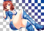  1girl asakura_ryou_(artist) boots crossed_legs love_live!_school_idol_project midriff nishikino_maki racequeen redhead short_hair thigh-highs thigh_boots violet_eyes 