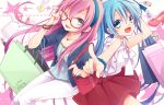  2girls :d ;p bag blue_hair bow fingernails glass glasses hairband handbag hatsune_miku highres jewelry kuroi_(liar-player) lipstick long_hair makeup megurine_luka multiple_girls nail_polish necklace one_eye_closed open_mouth pants pink_hair pointing red-framed_glasses shoes shopping_bag skirt smile tongue tongue_out vocaloid 