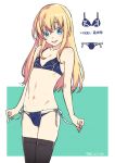  1boy adapted_costume androgynous bikini black_legwear blonde_hair blue_eyes blush crossdressinging dated long_hair male_focus midare_toushirou navel otoko_no_ko side-tie_bikini simple_background solo sumeragi_kohaku swimsuit thigh-highs touken_ranbu 