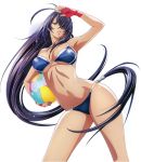  1girl absurdres arm_up artist_request ball beachball black_eyes black_hair carrying_under_arm contrapposto cowboy_shot fingerless_gloves floating_hair gloves highres ikkitousen kan&#039;u_unchou long_hair low_ponytail parted_lips simple_background solo white_background 