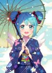  1girl aqua_eyes aqua_hair ayami_(annahibi) blue_hair double_bun hatsune_miku japanese_clothes kimono open_mouth oriental_umbrella solo umbrella vocaloid wings 