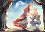 2girls blonde_hair blue_eyes capelet closed_eyes clouds cloudy_sky curtains dress frilled_dress frills grass holding_hands long_sleeves looking_at_another multiple_girls neck_ribbon original pink_dress pudding_(8008208820) ribbon sky smile squatting wide_sleeves 