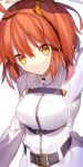  1girl arm_up belt brown_eyes brown_hair buckle fate/grand_order fate_(series) female_protagonist_(fate/grand_order) highres looking_at_viewer scrunchie shinooji short_hair side_ponytail simple_background smile solo uniform white_background 