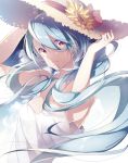  1girl blue_hair dress flower hat long_hair looking_at_viewer original solo straw_hat sunflower umiko_(munemiu) violet_eyes white_dress 