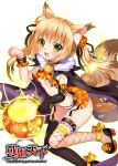  1girl :3 animal_ears blonde_hair breasts elbow_gloves fang fox_ears fox_tail garter_straps gloves green_eyes heart heart-shaped_pupils jack-o&#039;-lantern long_hair multicolored_hair multiple_tails mvv original single_glove small_breasts solo symbol-shaped_pupils tail thigh-highs two-tone_hair under_boob 