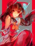  1girl ascot bow brown_hair detached_sleeves grey_background hair_bow hair_tubes hakurei_reimu highres long_hair looking_at_viewer lyiet midriff open_mouth red_background red_eyes ribbon-trimmed_sleeves ribbon_trim sitting solo touhou upper_body vertical-striped_background vertical_stripes watermark web_address 