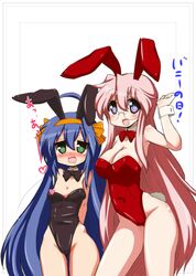  2girls ahoge animal_ears blue_hair blush bowtie breasts bunnysuit cleavage glasses hair_ribbon hairband izumi_konata long_hair lucky_star mizushima_(p201112) mole mole_under_eye multiple_girls open_mouth pink_hair rabbit_ears ribbon saliva simple_background takara_miyuki very_long_hair violet_eyes white_background 