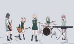  5girls bass_guitar drum drum_set eyepatch guitar highres idou_kyoushitsu instrument katsura_kotetsu kazari_rin keyboard_(instrument) kuraishi_tanpopo menowa_mei microphone multiple_girls smile standing tagme tired twintails utsugi_kanna witch_craft_works 