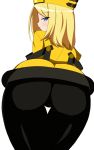  1girl ass bent_over blonde_hair blue_eyes blush dress from_behind guilty_gear guilty_gear_xrd hat highres long_hair looking_back millia_rage pantyhose simple_background solo sweatdrop thigh_gap 