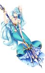  1girl artist_request blue blue_hair character_request copyright_request full_body hair_ornament long_hair polearm seashell shell simple_background solo trident weapon white_background 