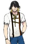  1boy black_hair blonde_hair cowboy_shot hair_over_one_eye male_focus nagasone_kotetsu parted_lips simple_background solo sumeragi_kohaku touken_ranbu white_background yellow_eyes 