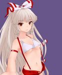  1girl fujiwara_no_mokou groin hair_ribbon long_hair miyo_(ranthath) navel no_panties red_eyes ribbon self_shot shorts silver_hair simple_background solo suspenders touhou very_long_hair 