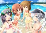  4girls :d ;) ;d ^_^ akatsuki_(kantai_collection) alternate_costume alternate_hairstyle alternate_headwear bare_shoulders beach bell_(oppore_coppore) bikini black_hair brown_hair closed_eyes fang folded_ponytail goggles goggles_on_head hair_ornament hairclip hibiki_(kantai_collection) holding_hands ikazuchi_(kantai_collection) inazuma_(kantai_collection) innertube kantai_collection long_hair multiple_girls ocean one_eye_closed open_mouth ponytail short_hair silver_hair smile snorkel sparkle swimsuit v visor_cap 