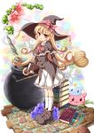  1girl :3 black_shoes blonde_hair book book_stack bow cauldron cobblestone daisy flower hat hat_bow highres kenkou_toshikou lily_(flower) long_hair looking_at_viewer open_mouth original plant red_eyes shoes socks staff white_legwear witch witch_(puyopuyo) witch_hat 