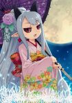  1girl albino alternate_hairstyle black_sclera earrings full_moon grey_hair horns japanese_clothes jewelry kimono long_hair mizuno_mumomo moon phantom_kingdom pointy_ears ponytail pram red_eyes smile solo umbrella 