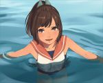  brown_eyes brown_hair i-401_(kantai_collection) in_water kantai_collection ponytail sailor_collar school_swimsuit school_uniform swimsuit swimsuit_under_clothes youmak 