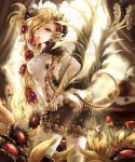  1girl apple ass black_wings blonde_hair demon_tail earrings flower food fruit gin_ji gloves grapes hair_flower hair_ornament highres horns jewelry long_hair looking_at_viewer looking_back original pointy_ears red_eyes shingoku_no_valhalla_gate solo tail white_gloves white_legwear wings 