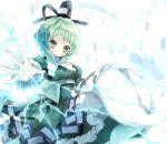 1girl blush breasts dress ghost_tail green_dress green_eyes green_hair hat japanese_clothes lightning open_mouth outstretched_arm outstretched_hand piyokichi short_hair soga_no_tojiko solo tate_eboshi touhou 