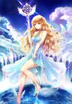  1girl ankle_wings anklet bare_shoulders barefoot blonde_hair dress female highres jewelry long_hair original scepter sky solo staff_(music) violet_eyes water wings 
