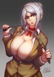  1girl artist_name blue_eyes breasts cleavage glasses grey_background huge_breasts kangoku_gakuen looking_at_viewer qblade riding_crop shiraki_meiko silver_hair simple_background solo unbuttoned 