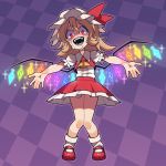  1girl @_@ ascot blonde_hair bow checkered checkered_background commentary_request constricted_pupils flandre_scarlet hat highres mary_janes mob_cap nappooz open_mouth outstretched_arms purple_background red_eyes ribbon shoes side_ponytail solo sparkle spread_arms tears touhou wings 