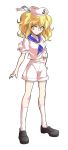  1girl blonde_hair dairi full_body hand_on_hip hat highres kneehighs loafers long_hair looking_at_viewer ribbon sailor_hat shirt shoes short_sleeves shorts simple_background solo touhou touhou_(pc-98) twintails white_background white_legwear yellow_eyes 