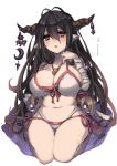  1girl bikini black_hair blue_hair blush breasts brown_eyes danua granblue_fantasy horn_ornament horns jewelry large_breasts long_hair looking_at_viewer navel parted_lips pendant pointy_ears puppet seiza shikino_yuki simple_background sitting solo swimsuit teeth white_background 
