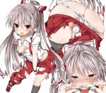  1girl 5240mosu ass blush bow covering covering_breasts fang fujiwara_no_mokou hair_bow highres long_hair open_mouth panties pants pregnancy_test red_eyes silver_hair solo suspenders torn_clothes touhou underwear very_long_hair white_panties 