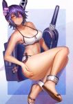 bare_arms bent_knees bikini breasts cleavage collarbone eyepatch hand_on_hip headgear highres kantai_collection legs looking_at_viewer midriff navel purple_hair short_hair slippers smile swimsuit tenryuu_(kantai_collection) urokoda yellow_eyes 